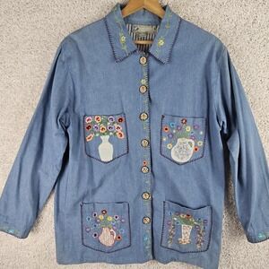 Cottagecore Papy Boez Size Large Embroidered Flowers Spring Garden Hand Painted‎